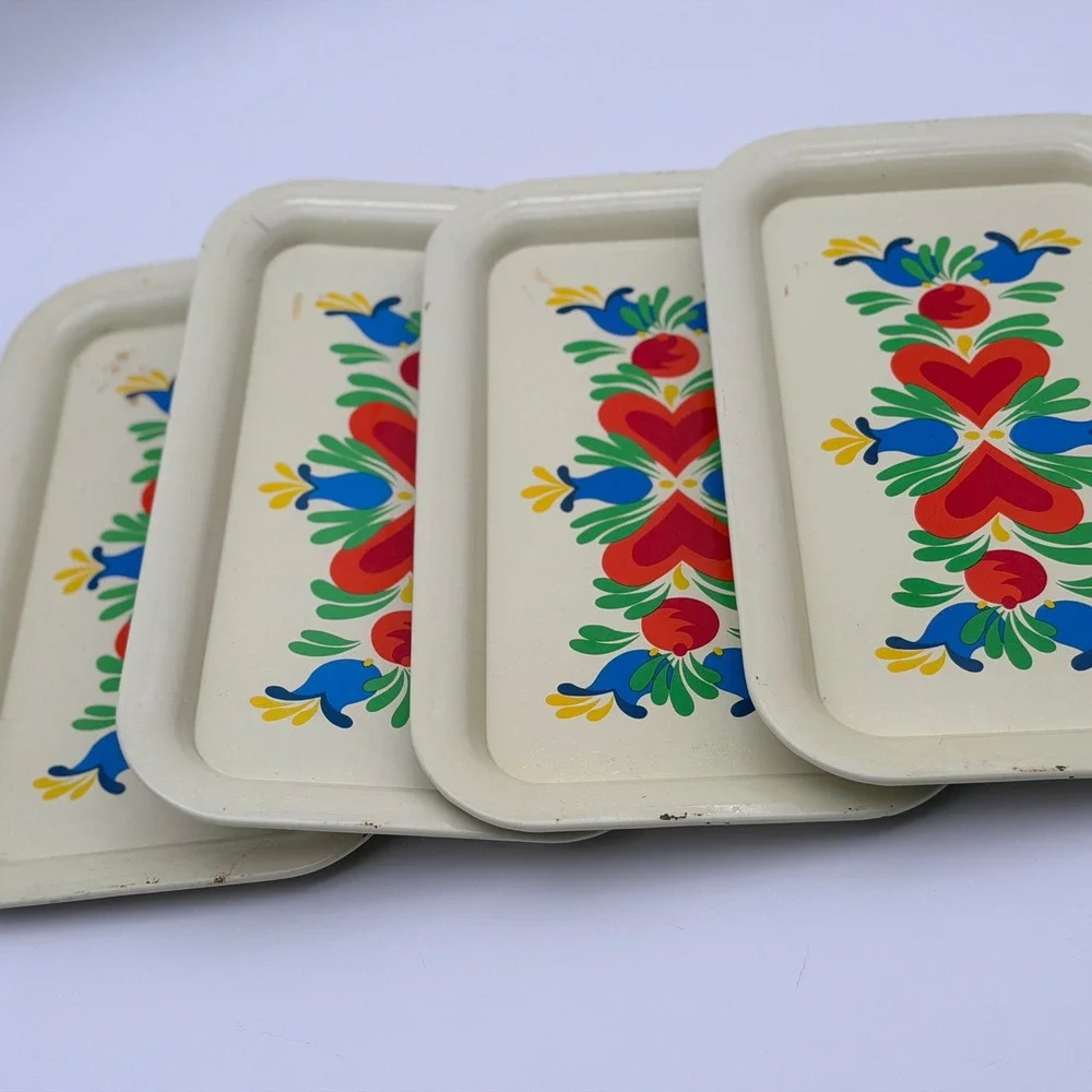 Vintage Scandinavian Folk Art Metal Trays Set of 4 Hearts Tulips Rosemaling MCM